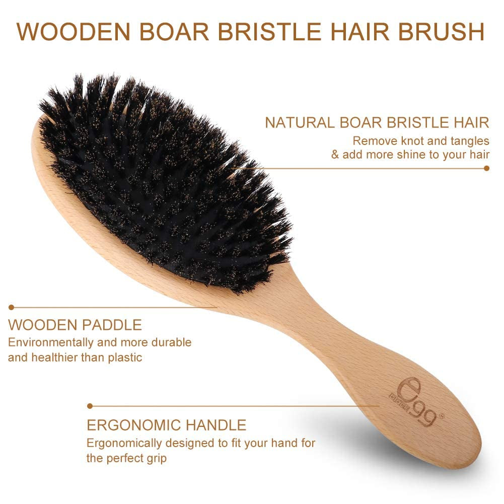 Boar Bristle Hair Brush for Women Men Kid, Soft Natural Bristles Brush for Thin and Fine Hair, Restore Shine and Texture, Set Includes Bamboo Comb and 3 Hair Ties