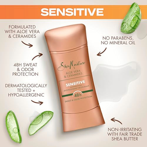 SheaMoisture Antiperspirant Deodorant Stick Sensitive Aloe Vera & Ceramides 2 Count for 48HR Sweat & Odor Protection with No Parabens & No Mineral Oil 2.6 oz