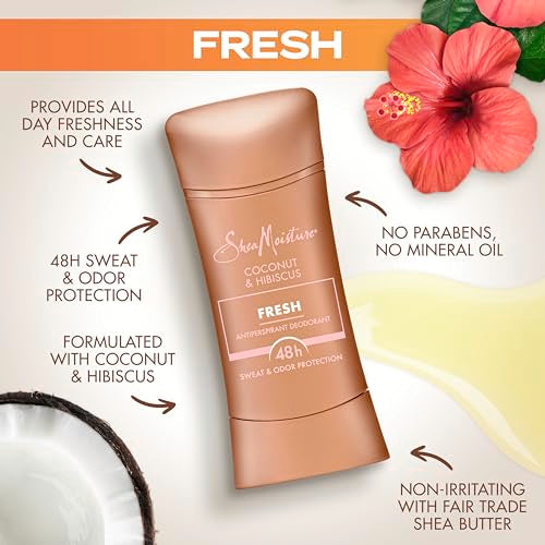 SheaMoisture Antiperspirant Deodorant Stick Fresh Coconut & Hibiscus 2 Count for 48HR Sweat & Odor Protection with No Parabens & No Mineral Oil 2.6 oz