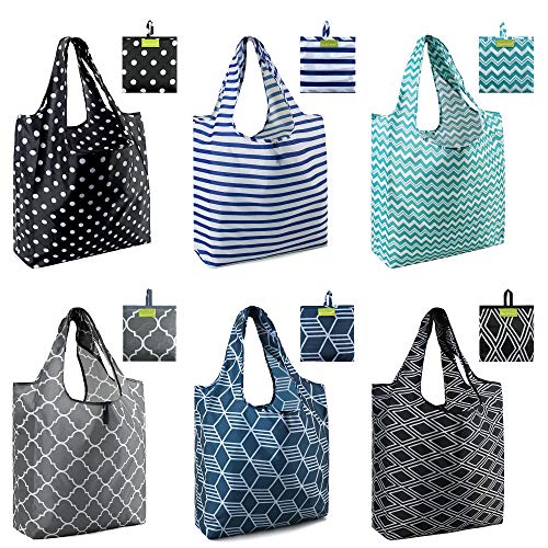 Tote Bag | Foldable, Reusable, 6 Pack, Large, Heavy Duty Nylon