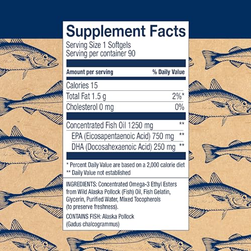 Wiley's Finest Wild Alaskan Fish Oil Peak EPA - Triple Strength Peak EPA and DHA - 1000mg Omega-3s, SQF-Certified - 90 Softgels (90 Servings)