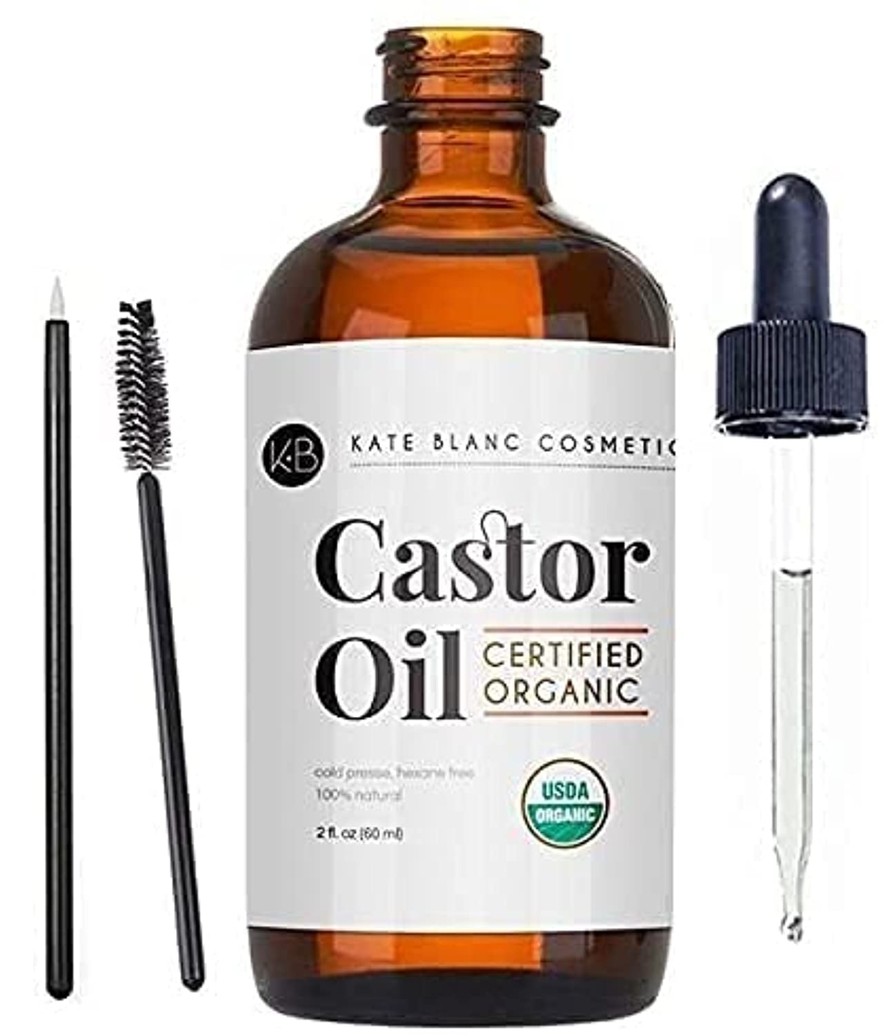 Kate Blanc Cosmetics Castor Oil (2Oz), USDA Certified Organic, 100% Pure, Cold Pressed, Hexane Free. Stimulate Growth for Eyelashes, Eyebrows, Hair. Skin Moisturizer & Hair Treatment Starter Kit