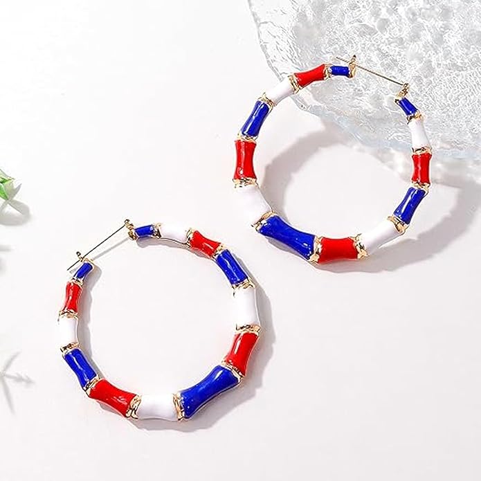 Patriotic Bamboo Hoop Earrings - Eye-Catching Red, White & Blue Design for Independence Day