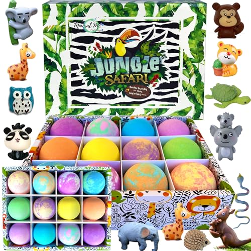 Bath Bombs | 12 Pack, Organic Fizzies with Surprise Jungle Animal Toys