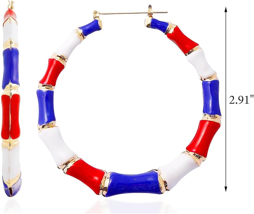 Patriotic Bamboo Hoop Earrings - Eye-Catching Red, White & Blue Design for Independence Day