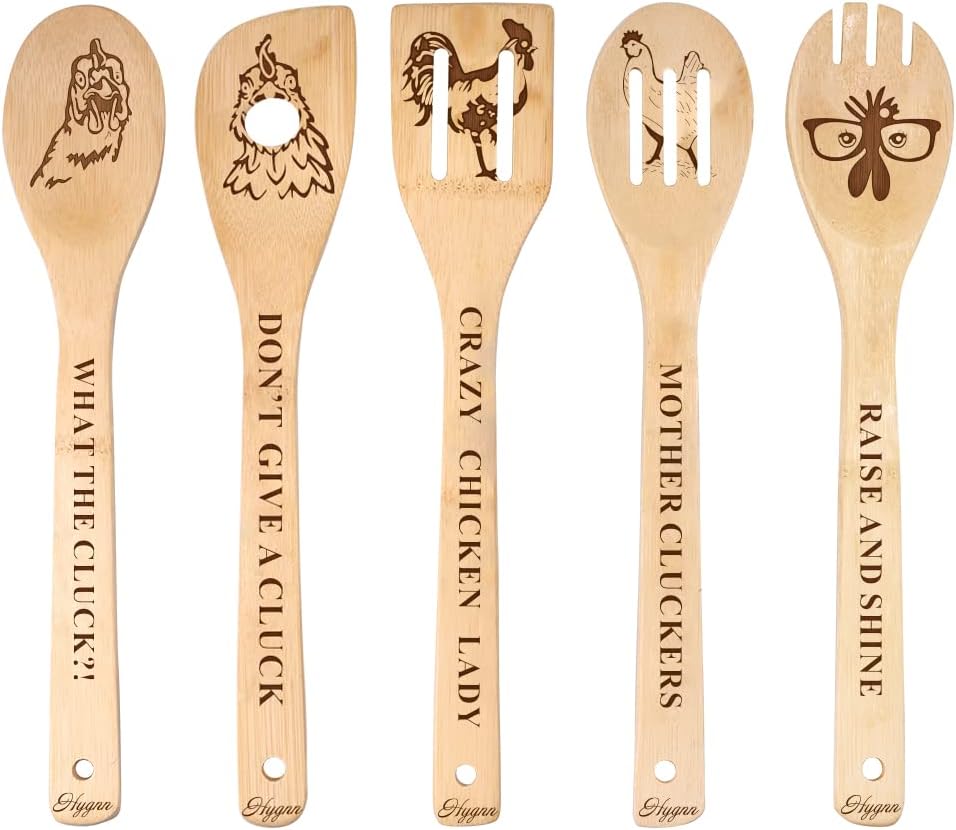 Rooster Wooden Cooking Spoons | 5-Piece Set, Organic Engraved Bamboo, Non-Stick