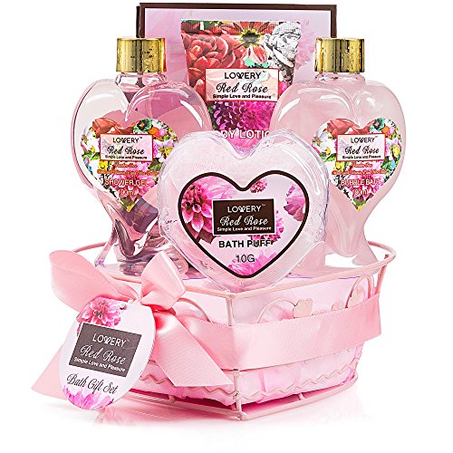 Bath and Body Set | Luxury Spa Gift Basket, Red Rose Scent, Includes Shower Gel, Lotion, Bath Salt