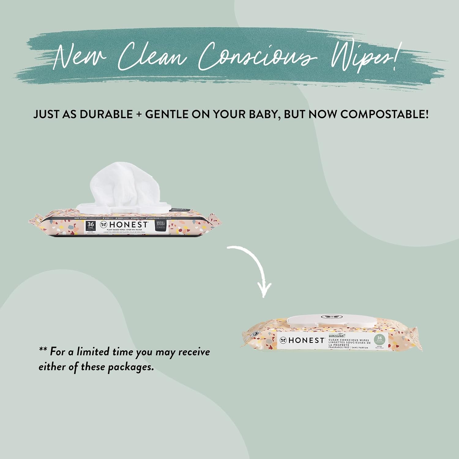 Clean Conscious Unscented Wipes | over 99% Water, Compostable, Plant-Based, Baby Wipes | Hypoallergenic for Sensitive Skin, EWG Verified | Terrazzo, 36 Count