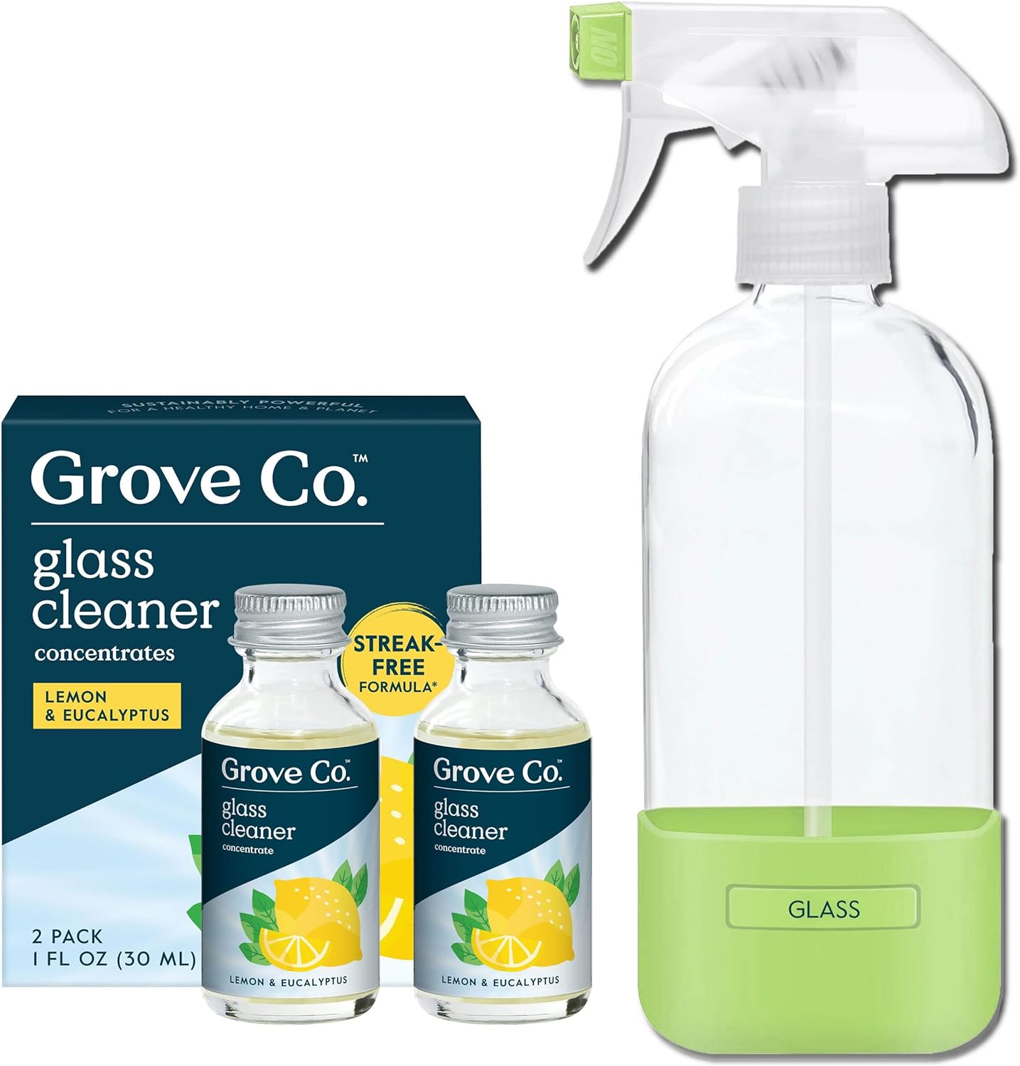 Glass Cleaner, Refill Concentrate (2 X 1 Fl Oz) + 1 X Reusable Glass Spray Bottle (16 Oz) Plant-Based Cleaning Supplies Bundle, No Plastic Waste, 100% Natural Lavender & Thyme Fragrance