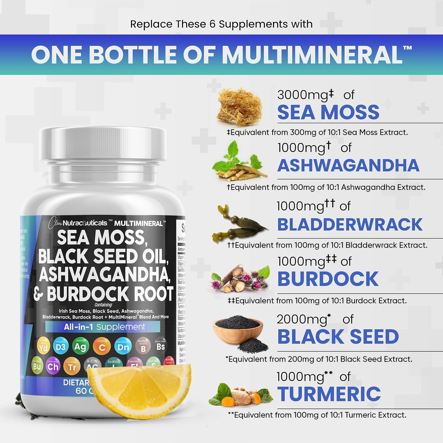 Sea Moss 3000mg | Black Seed Oil 2000mg & Ashwagandha 1000mg, 15-in-1 Supplement, 60 Capsules