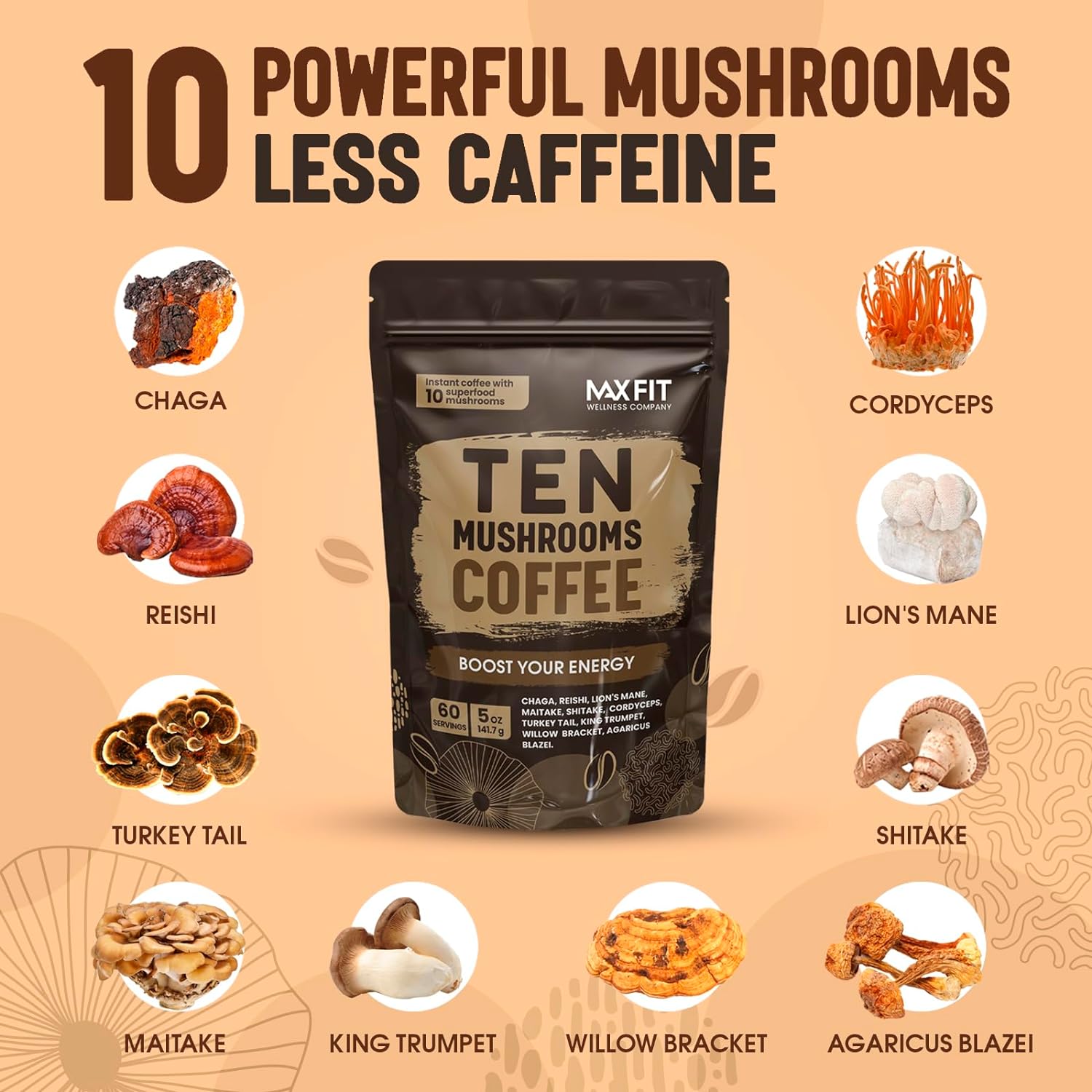 Mushroom Coffee Organic | 60 Servings with 10 Mushrooms Blend