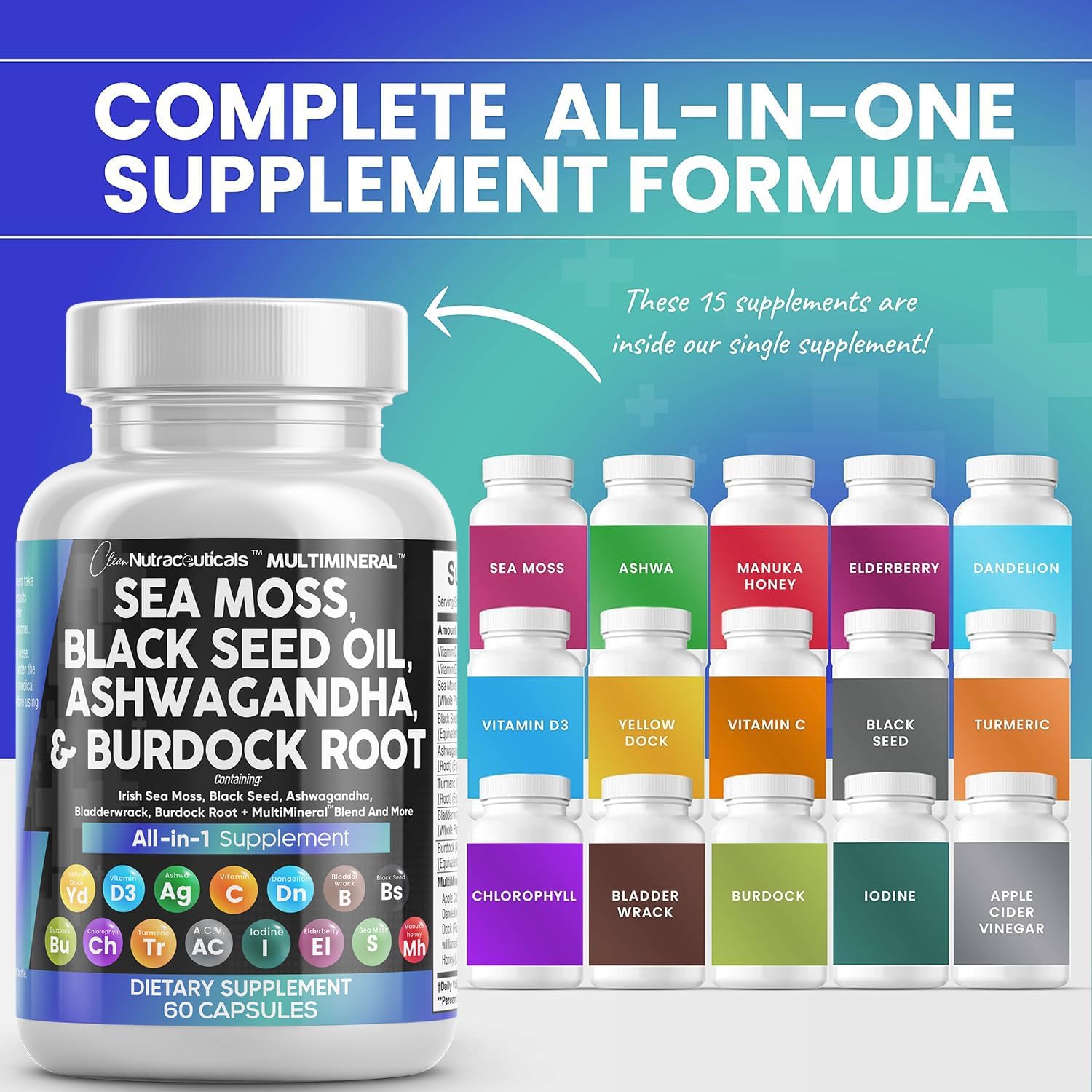 Sea Moss 3000mg | Black Seed Oil 2000mg & Ashwagandha 1000mg, 15-in-1 Supplement, 60 Capsules