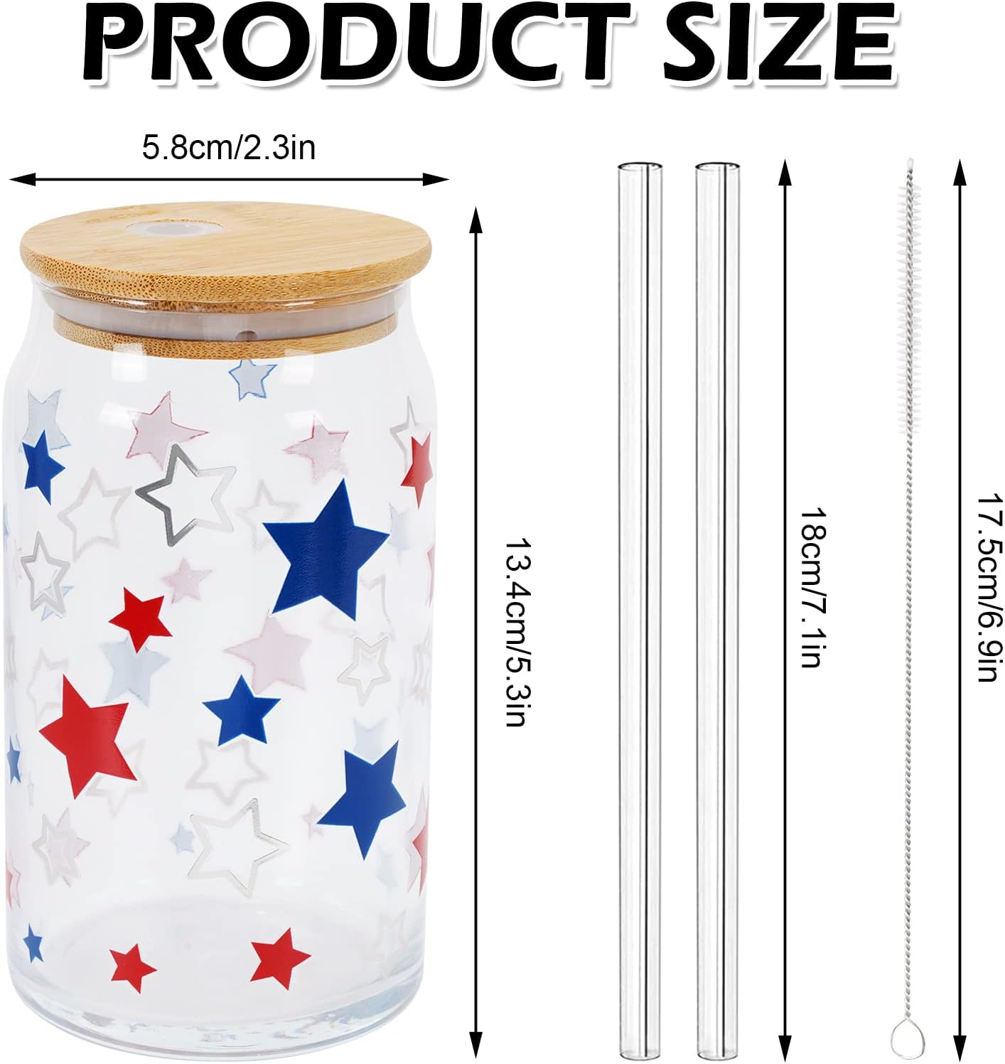 Drinking Glasses | 16 oz, Set of 2, Bamboo Lids & Straws, 4th of July Design