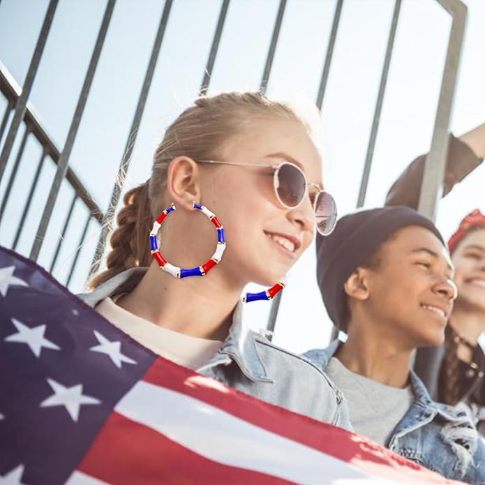 Patriotic Bamboo Hoop Earrings - Eye-Catching Red, White & Blue Design for Independence Day