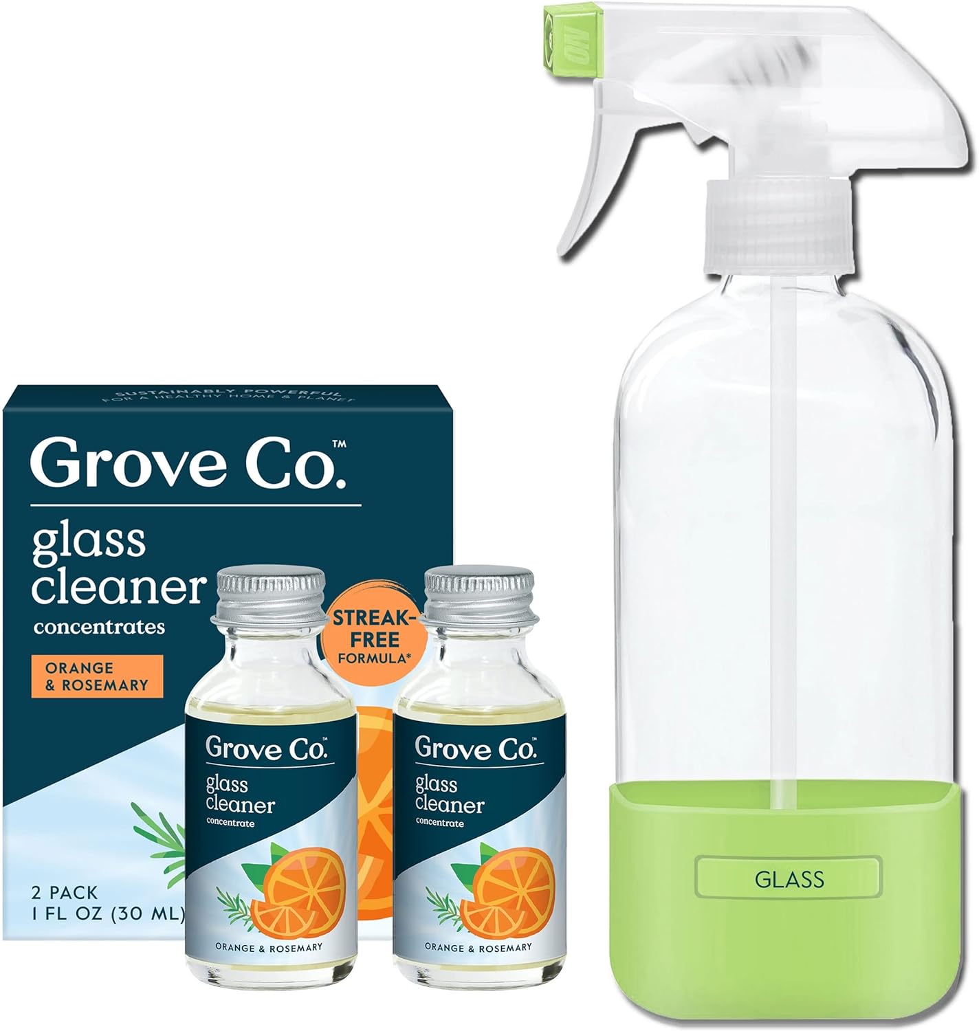 Glass Cleaner, Refill Concentrate (2 X 1 Fl Oz) + 1 X Reusable Glass Spray Bottle (16 Oz) Plant-Based Cleaning Supplies Bundle, No Plastic Waste, 100% Natural Lavender & Thyme Fragrance