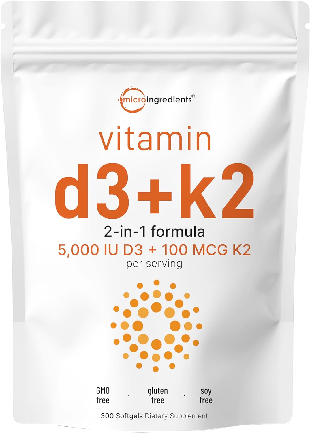 Vitamin D3 5000 IU & K2 100 mcg Supplement | 300 Soft-Gels