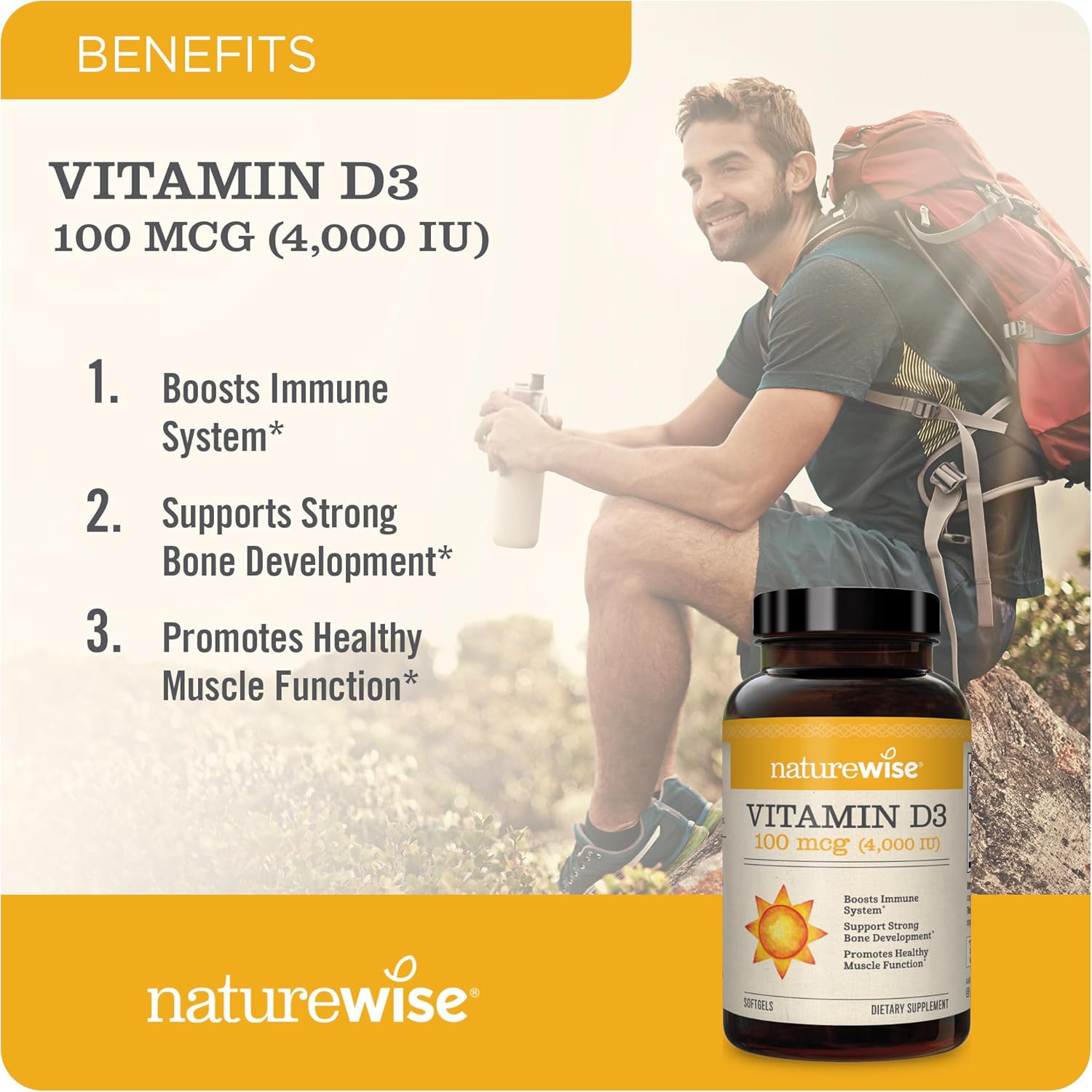 Vitamin D3 Supplement | 4000 IU, Non-GMO, Gluten-Free, 90 Softgels