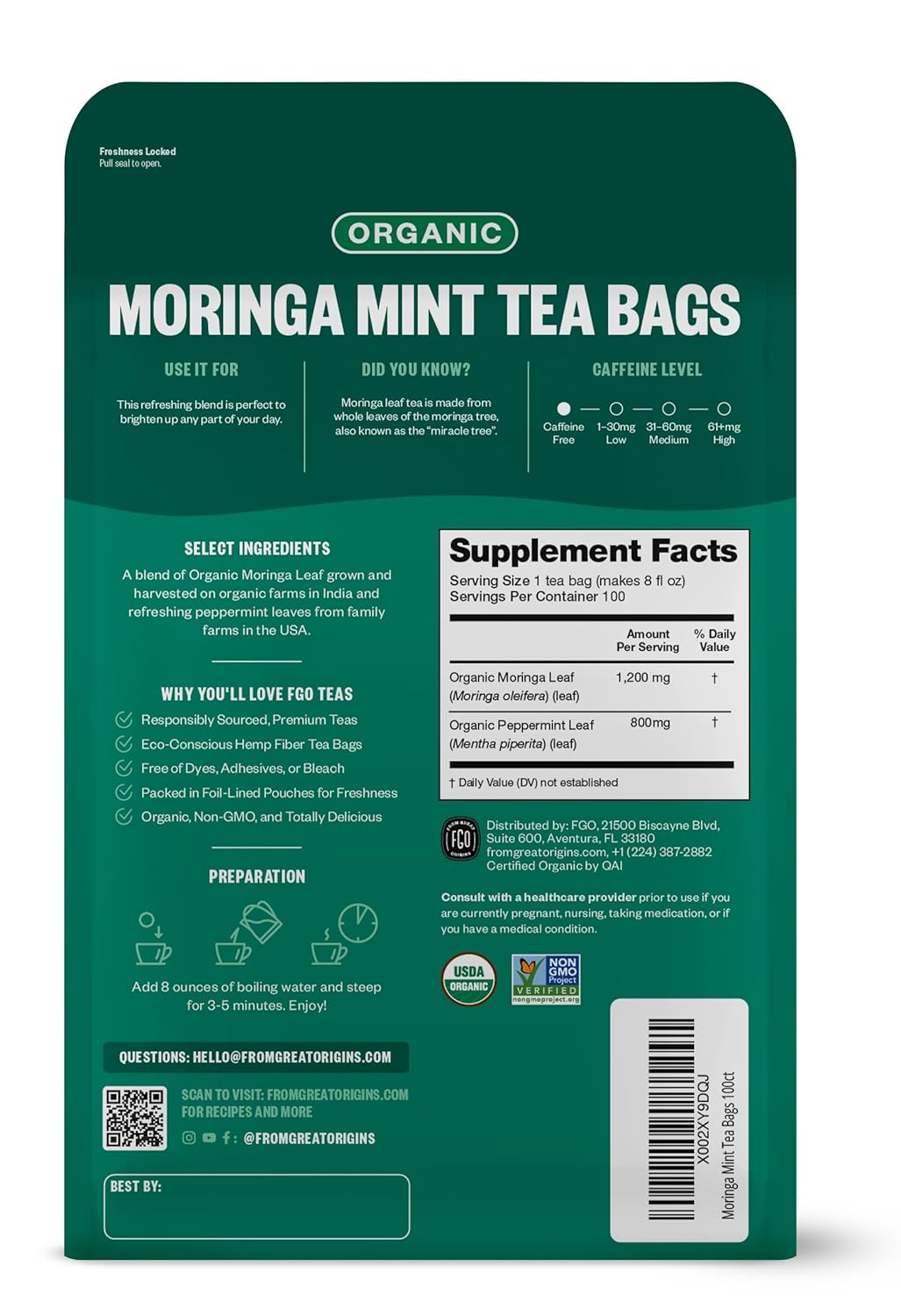 Tea Bags | Organic Moringa Mint, 100 Count