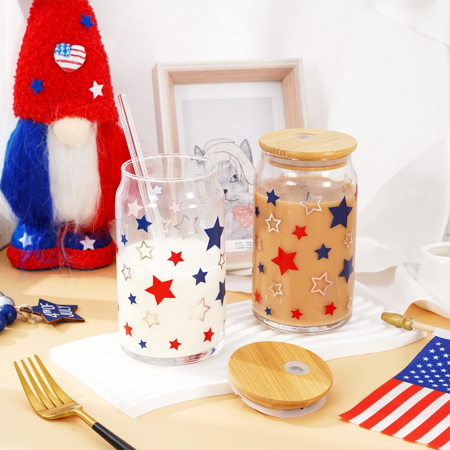 Drinking Glasses | 16 oz, Set of 2, Bamboo Lids & Straws, 4th of July Design