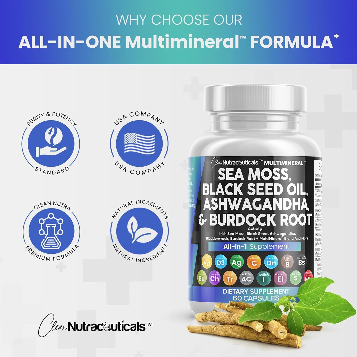 Sea Moss 3000mg | Black Seed Oil 2000mg & Ashwagandha 1000mg, 15-in-1 Supplement, 60 Capsules