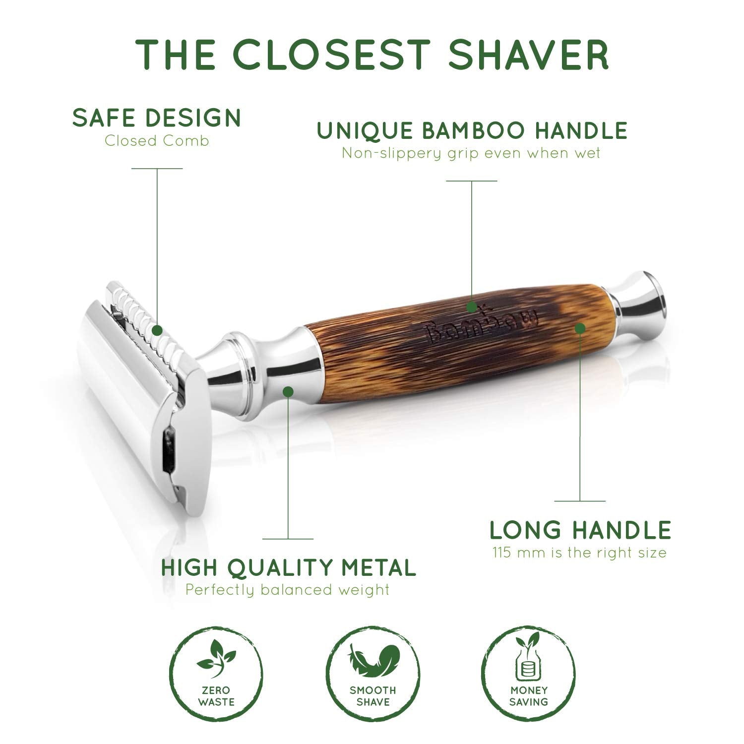 Safety Razor | Bamboo Handle, Double Edge, Reusable, Eco-Friendly, Fits All DE Blades