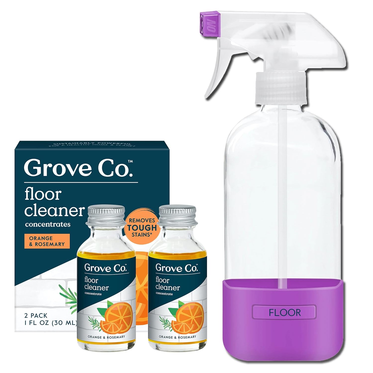 Floor Cleaner Refill Concentrate (2 X 1 Oz) + 1 X Durable Glass Spray Bottle (16 Oz) Plant-Based Cleaning Supplies Bundle, No Plastic Waste, 100% Natural Lavender & Thyme Scent