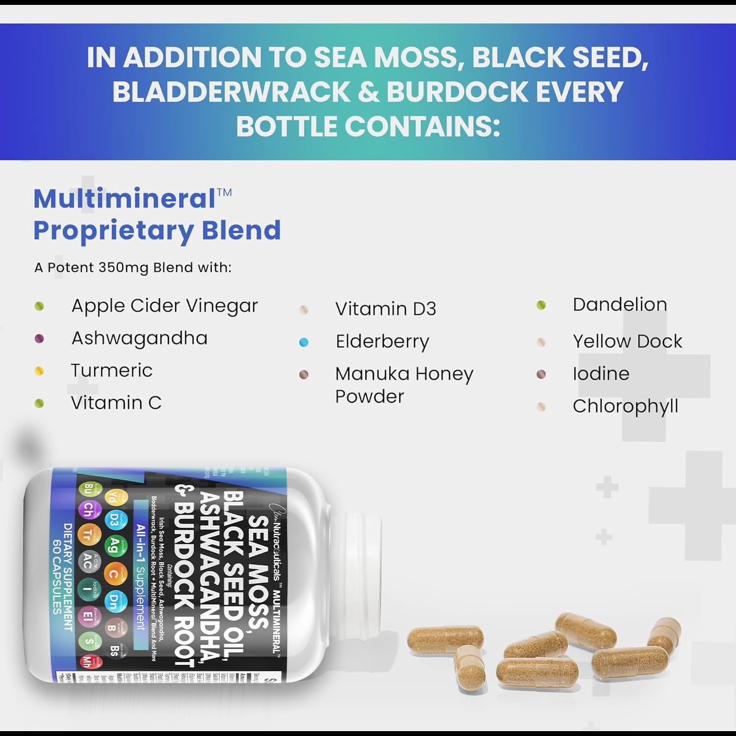 Sea Moss 3000mg | Black Seed Oil 2000mg & Ashwagandha 1000mg, 15-in-1 Supplement, 60 Capsules