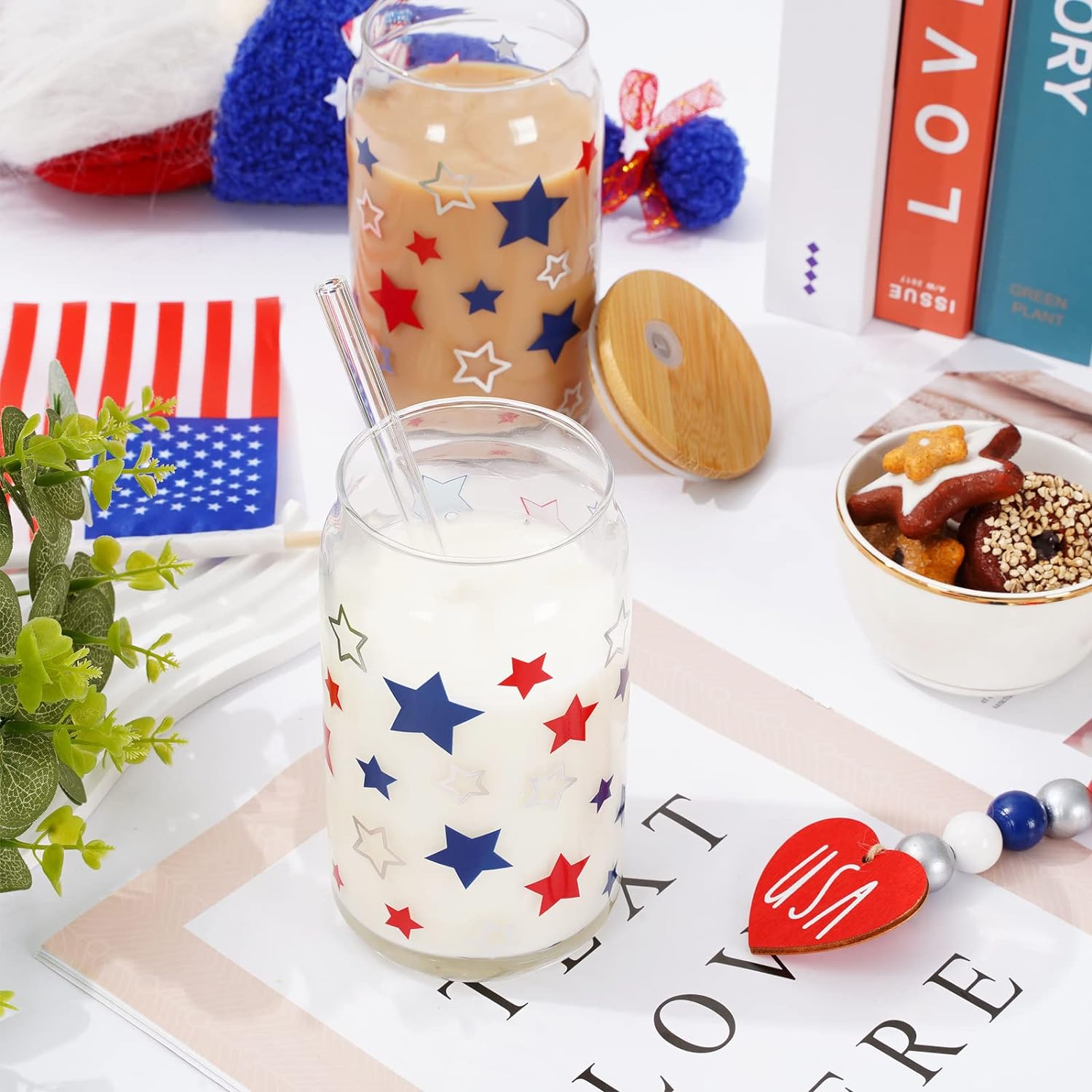 Drinking Glasses | 16 oz, Set of 2, Bamboo Lids & Straws, 4th of July Design