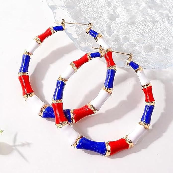 Patriotic Bamboo Hoop Earrings - Eye-Catching Red, White & Blue Design for Independence Day