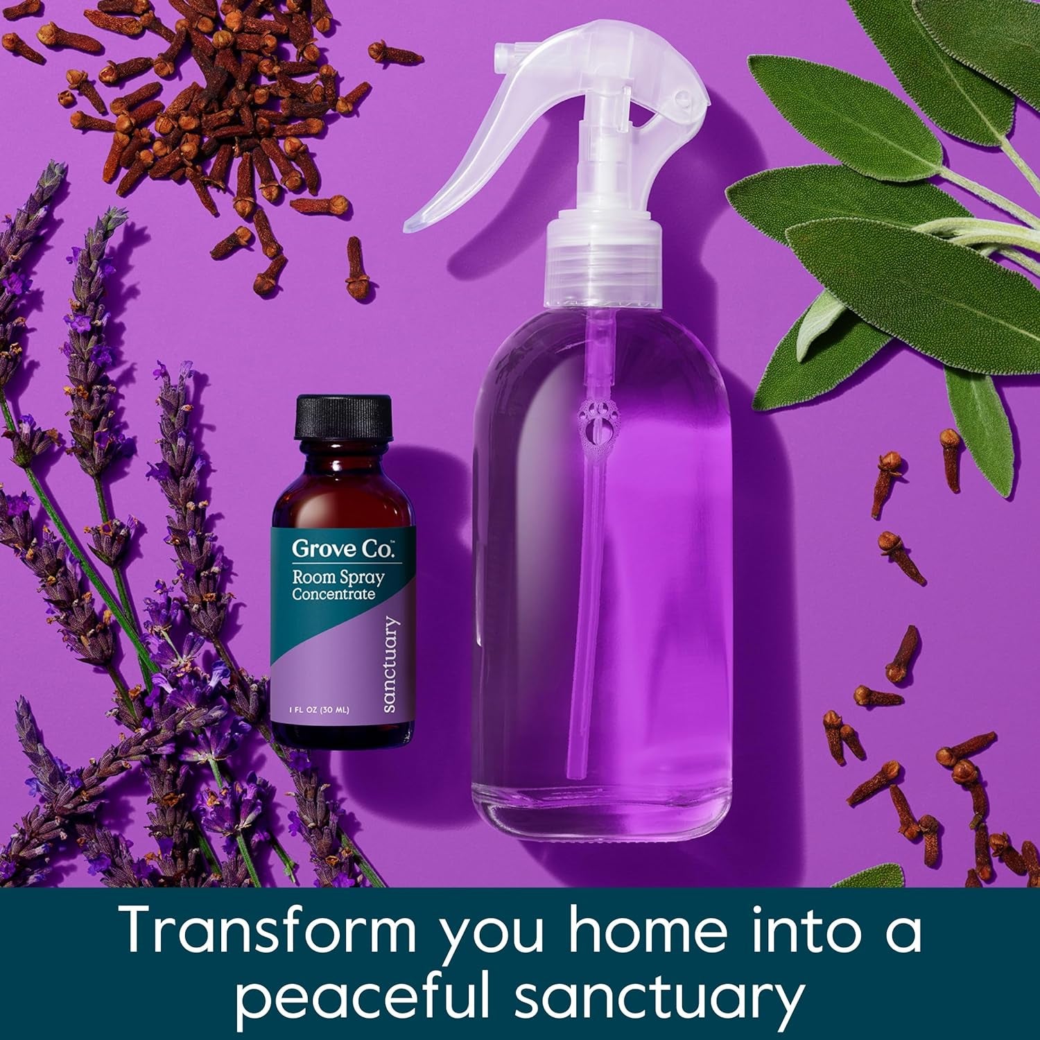 Liquid Air Freshener Refills (2 X 1Oz) + Room Spray Glass Bottle, SANCTUARY Room Fragrance - 100% Natural Lavender, Blue Sage & Clove Fragrance