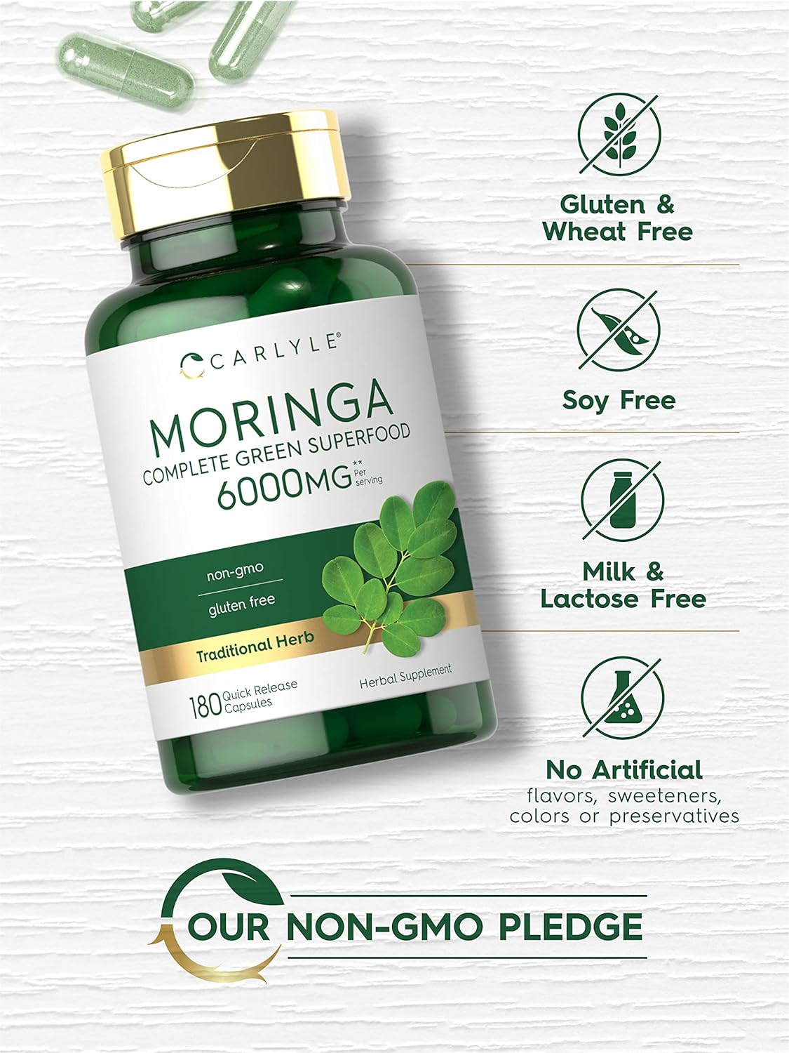 Moringa Capsules | 180 Count, Non-GMO, Gluten-Free