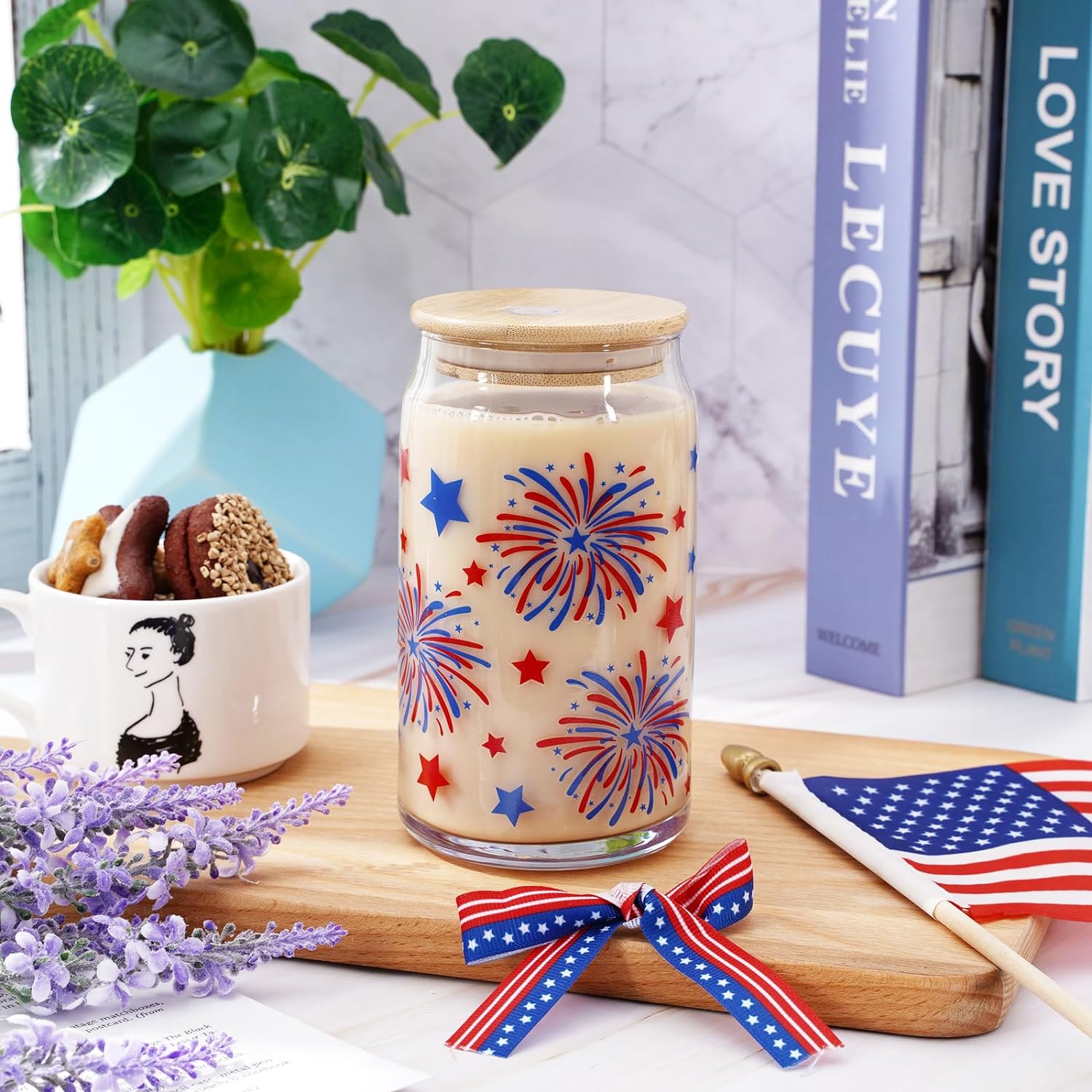 Drinking Glasses | Patriotic Red, Blue & Star Firework Design, 16oz, 2 Pack