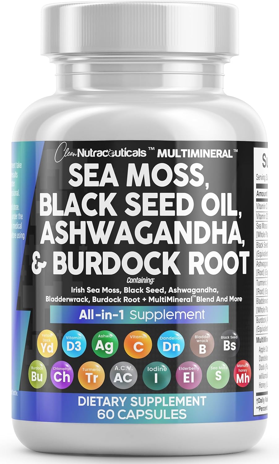 Sea Moss 3000mg | Black Seed Oil 2000mg & Ashwagandha 1000mg, 15-in-1 Supplement, 60 Capsules