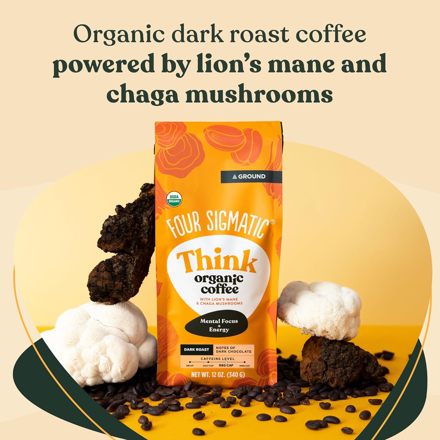 Organic Ground Coffee | Mushroom Blend with Lion's Mane & Chaga, 12 oz Bag