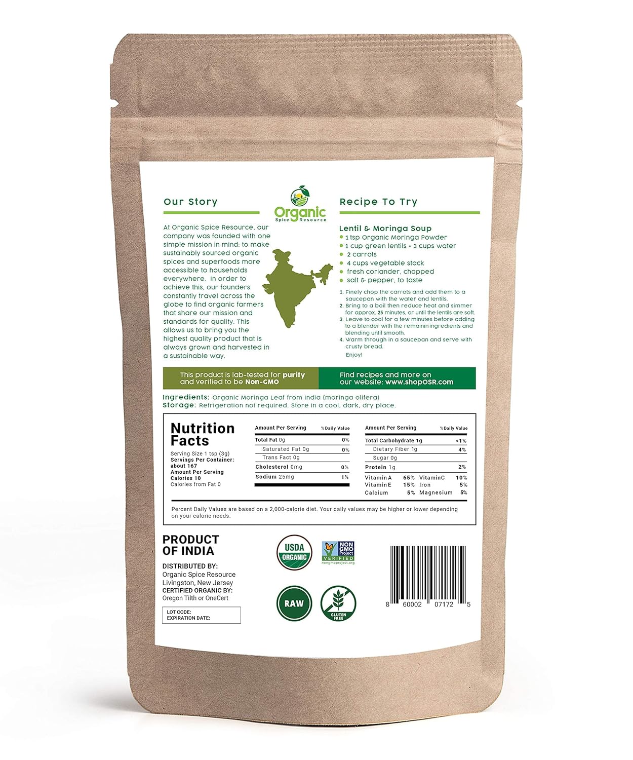 Moringa Powder | USDA Organic, Non-GMO, 1.10 lbs, Resealable Bag