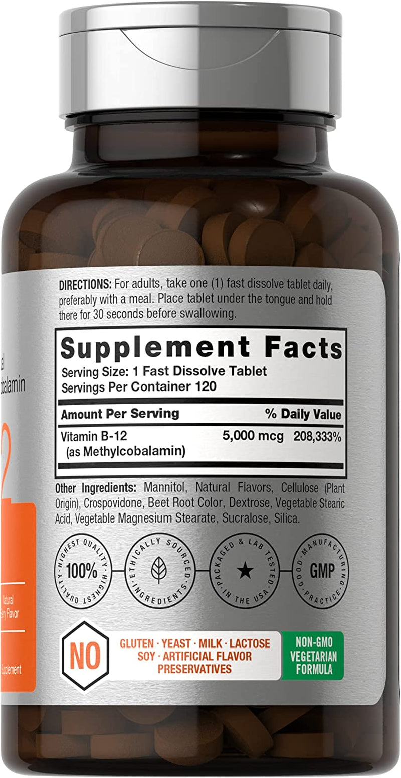 B12 Sublingual Methylcobalamin | 5000Mcg | 120 Fast Dissolve Tablets | Vegetarian, Non-Gmo and Gluten Free Supplement