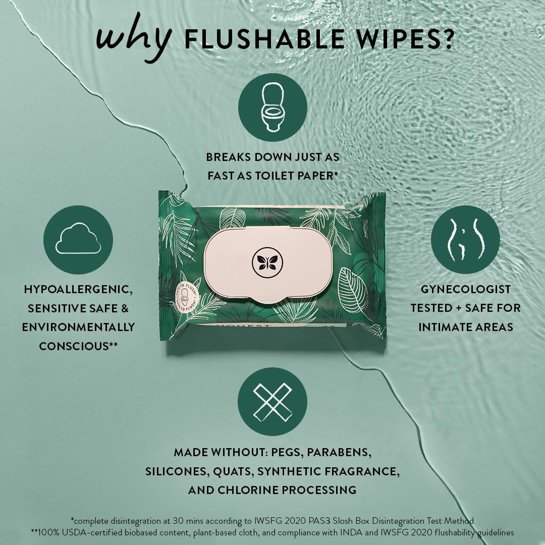 Plant-Based Flushable Wipes | 99% Water, Hypoallergenic, EWG Verified, Safe to Flush | Fragrance Free, 42 Count