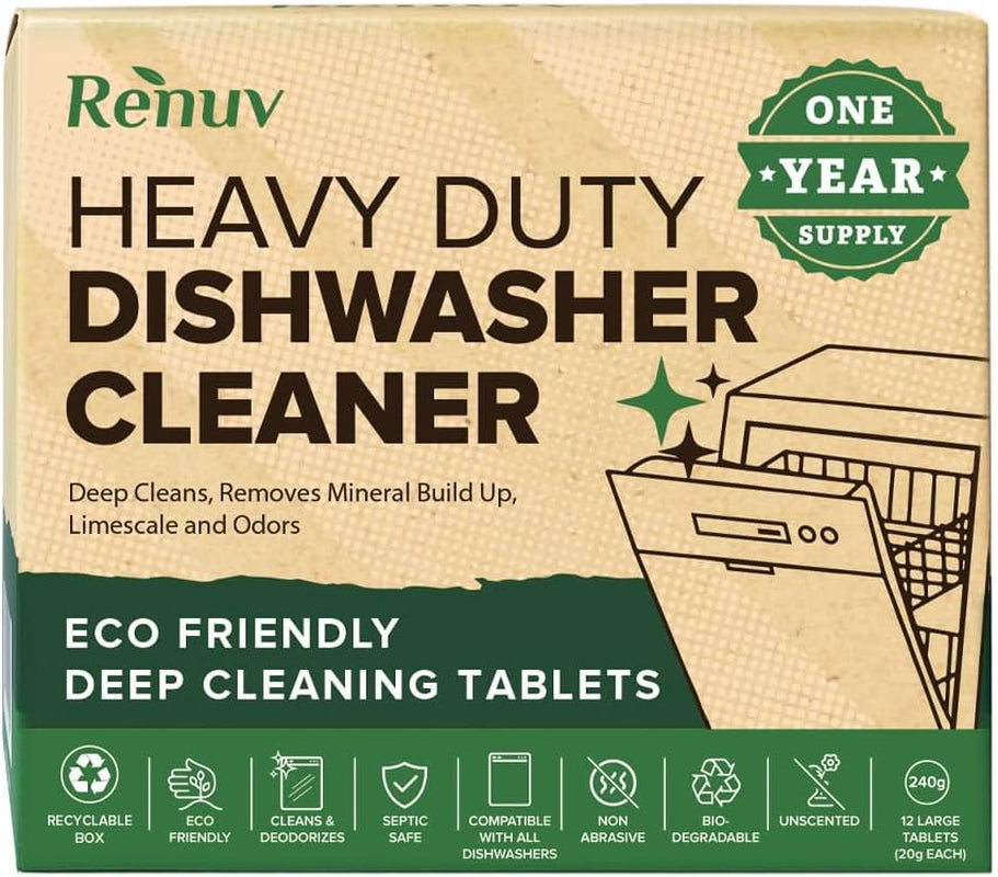 Heavy Duty Dishwasher Cleaner and Deodorizer Tablets, Descaler, Deep Cleaning, Natural Odor and Smell Remover, Calcium, Limescale, Hard Water Marks, Grease, Septic Safe Pods (12 Tabs - 1 Yr Supply)