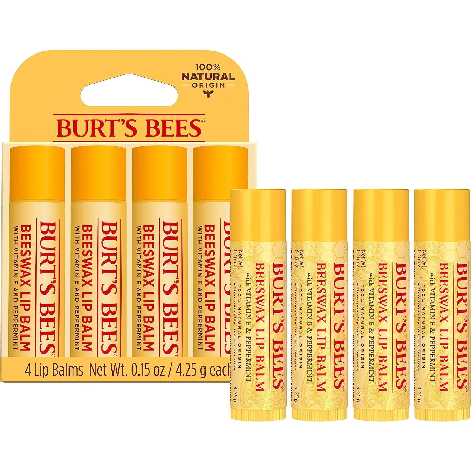 Lip Balm | Original Beeswax, Tint-Free, 4 Tubes, 0.15 oz