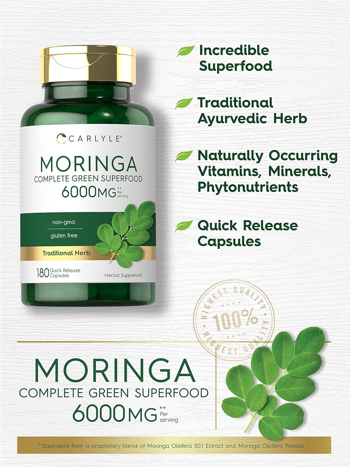 Moringa Capsules | 180 Count, Non-GMO, Gluten-Free