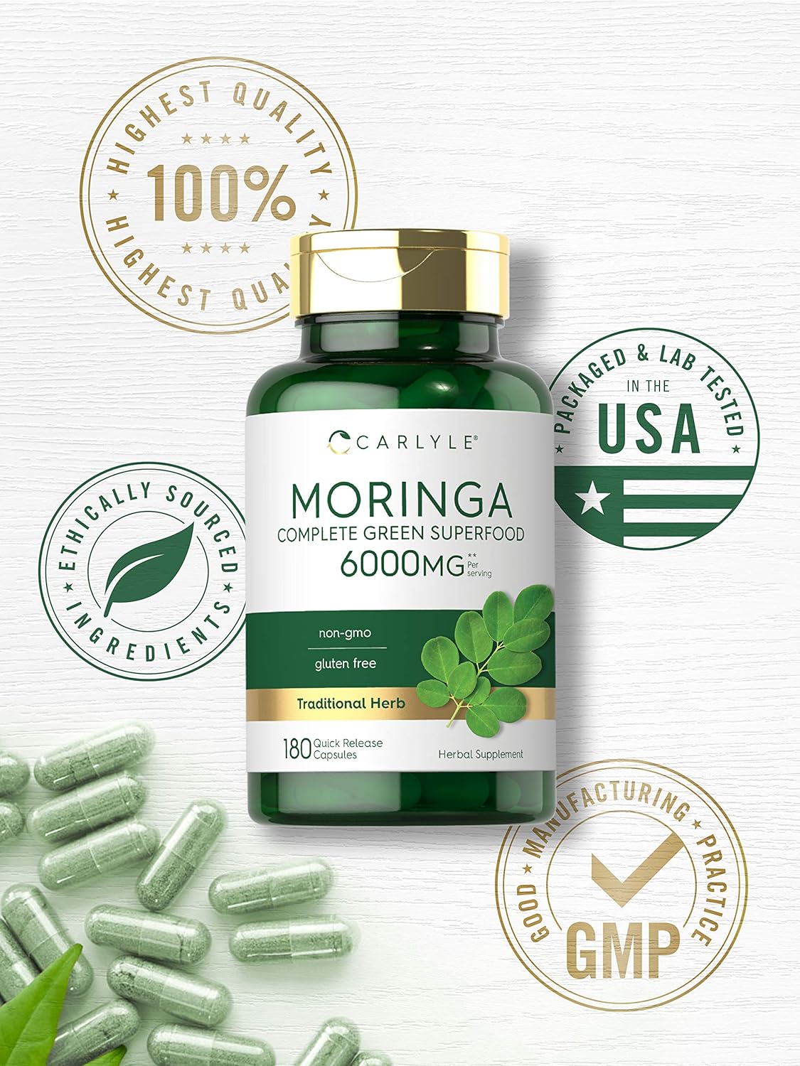 Moringa Capsules | 180 Count, Non-GMO, Gluten-Free