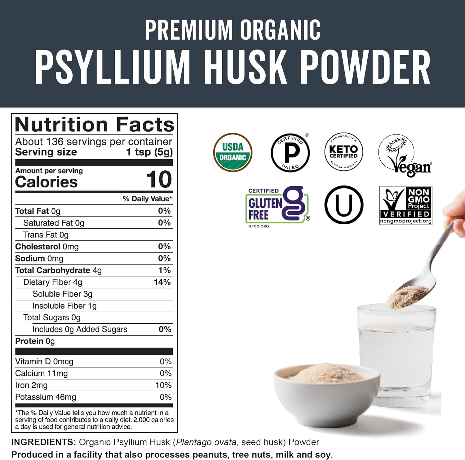 Organic Psyllium Husk Powder, 24 Oz - Finely Ground, Unflavored Plant Based Superfood - Good Source of Fiber for Gluten-Free Baking, Juices & Smoothies - Certified Vegan, Keto and Paleo