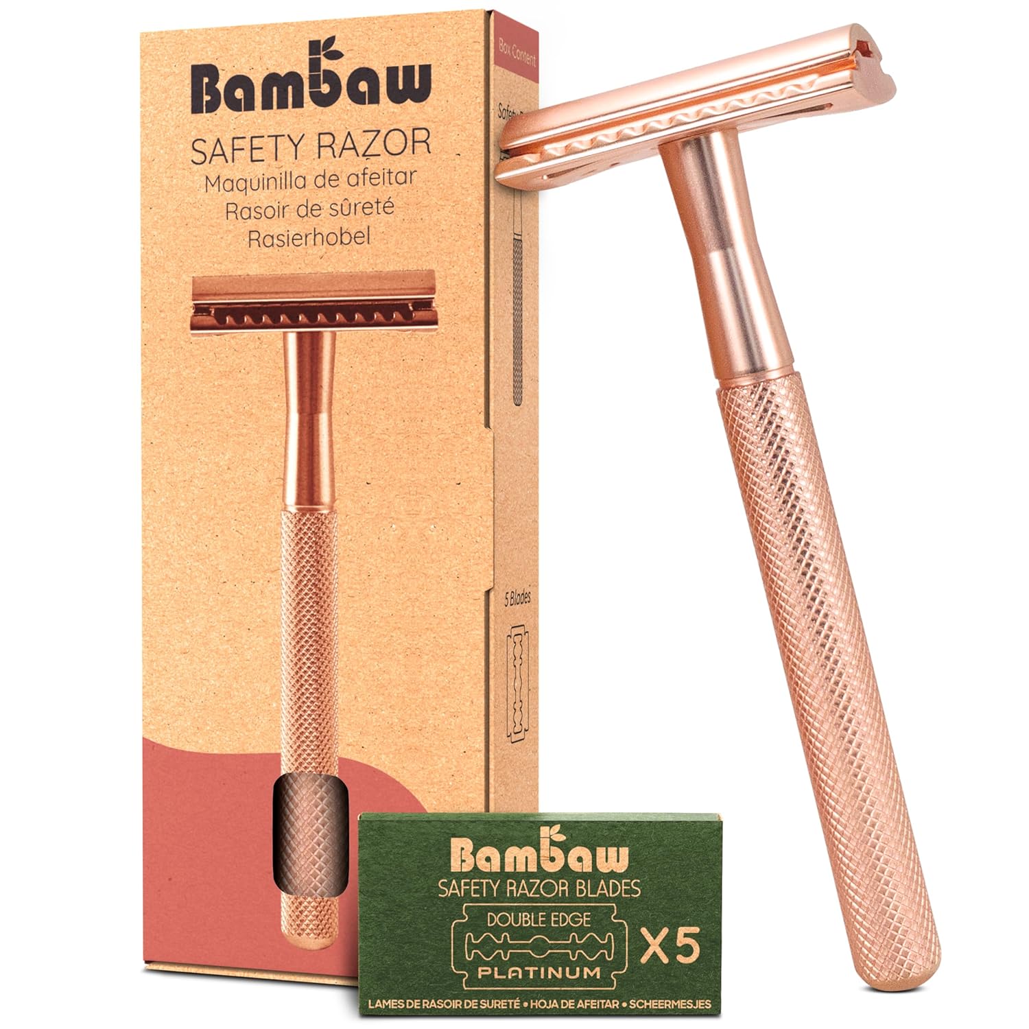 Safety Razor | Reusable, Plastic-Free, Rose Gold, 5 Blades