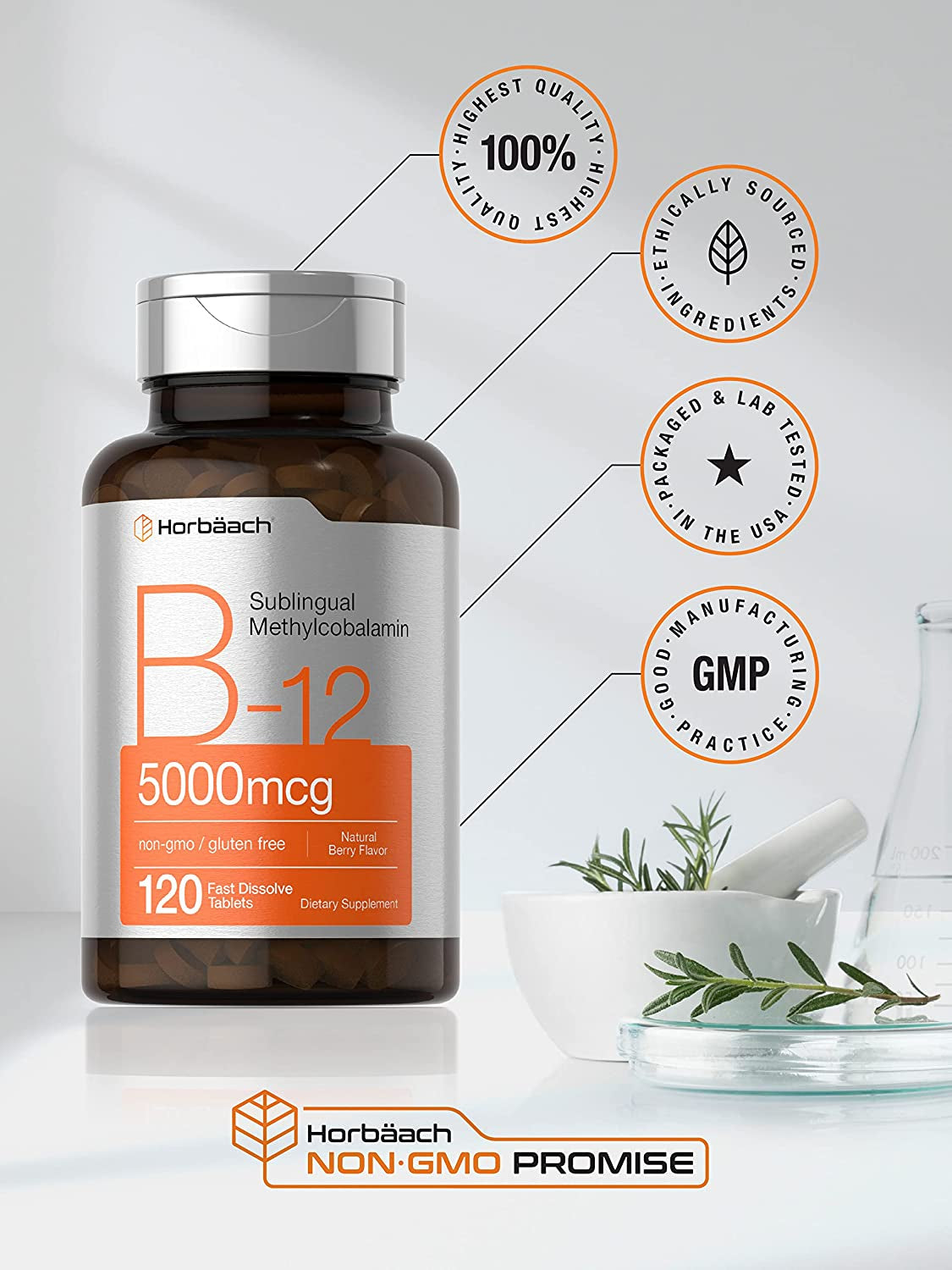 B12 Sublingual Methylcobalamin | 5000Mcg | 120 Fast Dissolve Tablets | Vegetarian, Non-Gmo and Gluten Free Supplement