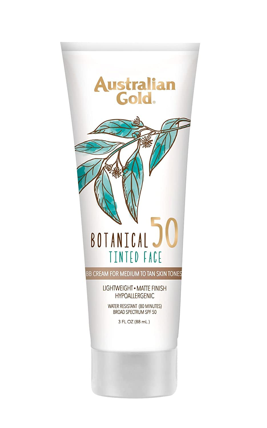 Botanical SPF 50 Tinted Mineral Sunscreen for Face, Non-Chemical BB Cream, Water-Resistant, Matte Finish, for Sensitive Facial Skin, Medium to Tan Skin Tones, 3 FL Oz