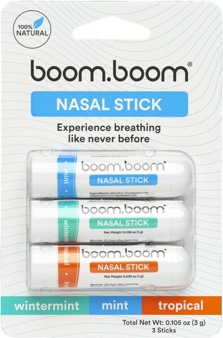 Nasal Stick (3 Pack) | Enhance Breathing + Boost Focus | Breathe Vapor Stick Provides Fresh Cooling Sensation | Aromatherapy Inhaler with Essential Oils + Menthol (Mint, Wintermint, Tropical)