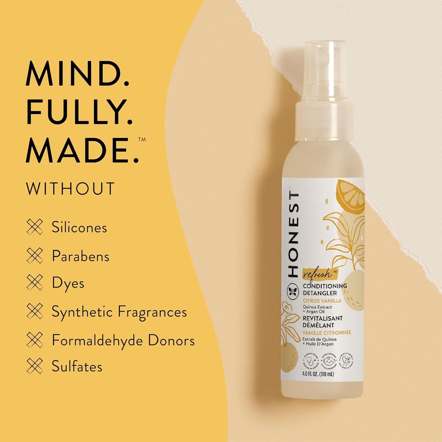 Conditioning Hair Detangler | Leave-In Conditioner + Fortifying Spray | Tear-Free, Cruelty-Free, Hypoallergenic | Citrus Vanilla Refresh, 4 Fl Oz