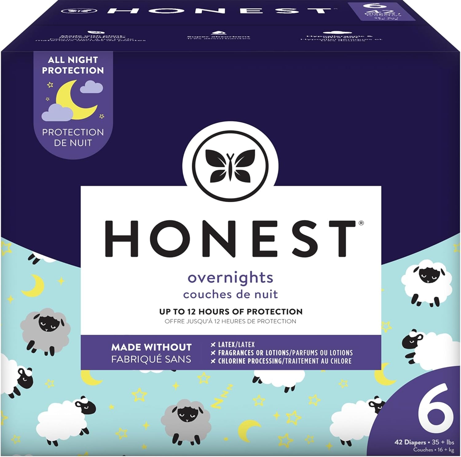 Clean Conscious Overnight Diapers | Plant-Based, Sustainable | Sleepy Sheep | Club Box, Size 6 (35+ Lbs), 42 Count