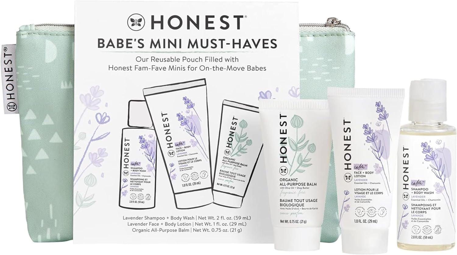 Babe'S Mini Must Haves Gift Set | Travel Size Lavender Shampoo + Body Wash (2 Fl Oz), Face + Body Lotion (1 Fl Oz), Organic All Purpose Balm (.75 Oz), Reusable Pouch