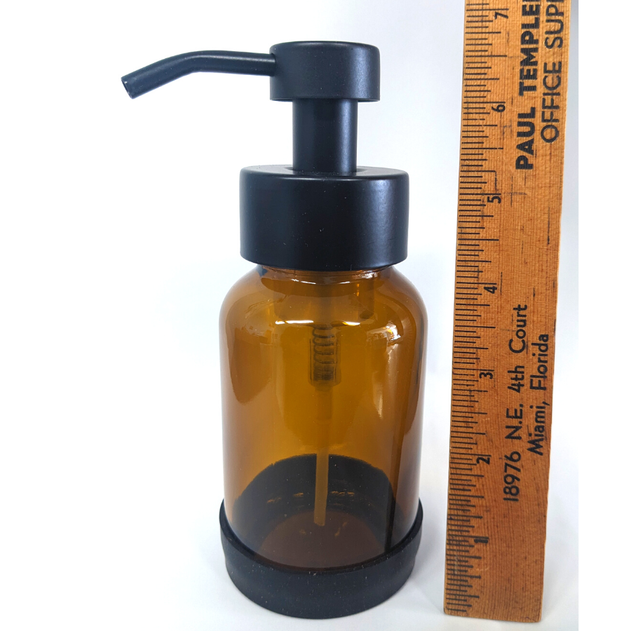 Refillable Foaming Soap Dispenser. Amber Glass with Silicone Base